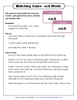 Memory Match Game (-ock) Word Families Worksheet