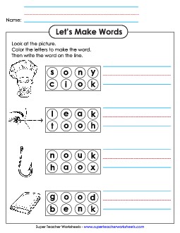 Color the Letters & Write (-ook) Word Families Worksheet