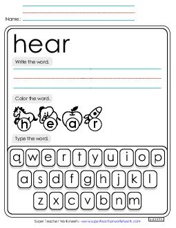 Write, Color, Type: Hear Sight Words Individual Worksheet