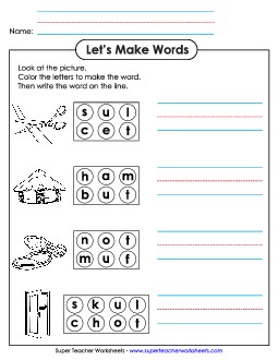 Color the Letters & Write (-ut) Word Families Worksheet