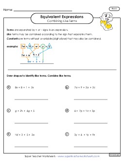 Combining Like Terms (Basic #2) Expressions Equivalent Worksheet