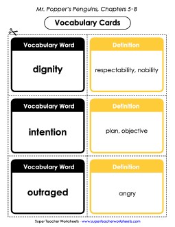 Vocabulary Cards for Chapters 5-8 Books Worksheet