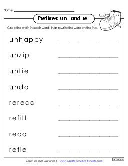 Prefixes Un- and Re- Prefixes Suffixes Worksheet