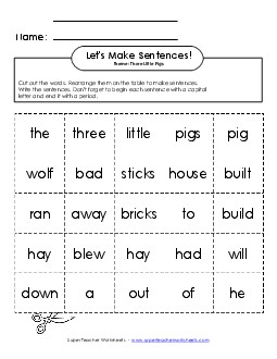 Sentence Cards: Three Little Pigs Sentences Basic Worksheet