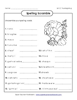 Spelling Scramble (C-Thanksgiving)  Spelling C Worksheet