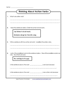 Thinking About Action Verbs Actionverbs Worksheet