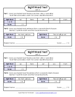 1-on-1 Reading Tests (Unit 10) Sight Words Worksheet