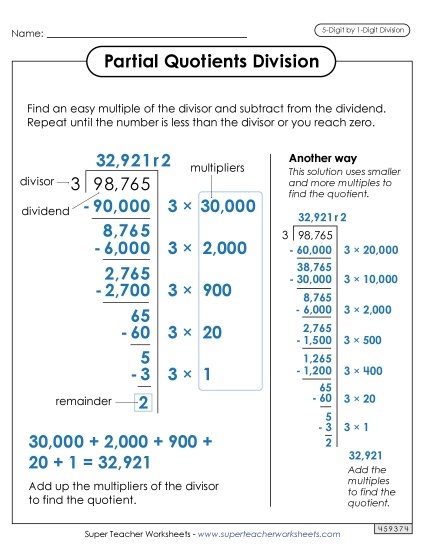 Partial Quotients Anchor Chart  (5-Digit by 1-Digit) Division Worksheet