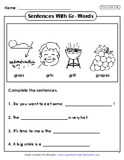 Sentences with GR Words Phonics Blends Worksheet