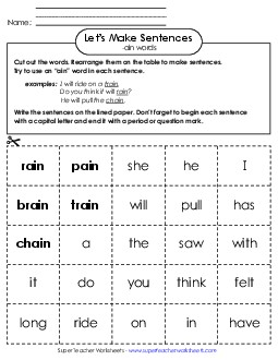 Make Sentences: Word Cards (-ain) Word Families Worksheet