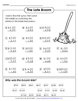 The Late Broom (Subtracting Money Across Zero) Subtraction Worksheet