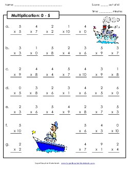 Drill: Basic Facts 0-5 (A) Free Multiplication Worksheet