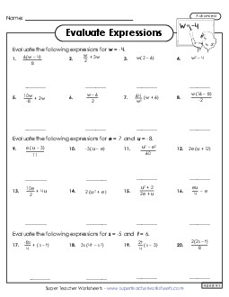 Evaluate Algebraic Expressions (Advanced) Worksheet 2 Expressions Evaluate Worksheet