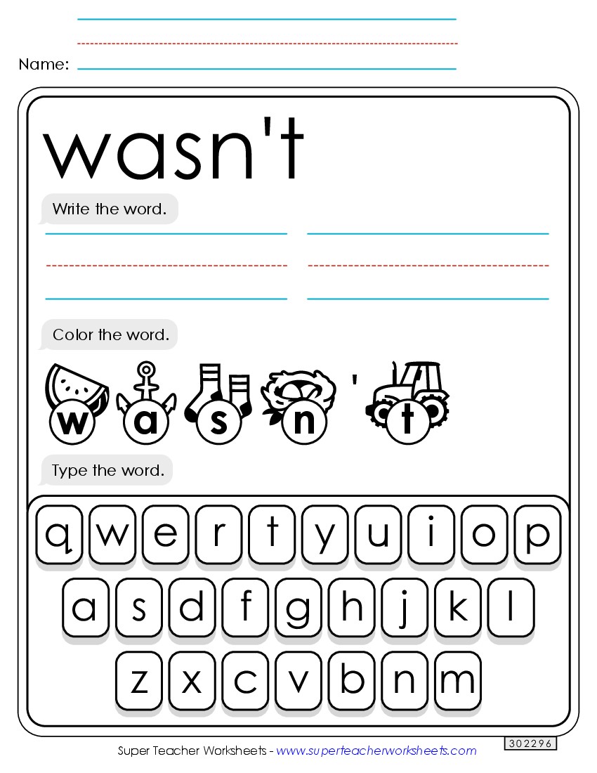 Write, Color, Type: Wasnt Sight Words Individual Worksheet