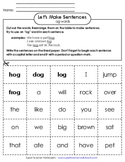 Make Sentences: Word Cards (-og) Word Families Worksheet