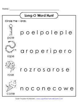 Long O: Horizontal Word Hunt (Illustrated) Phonics Long Short O Worksheet