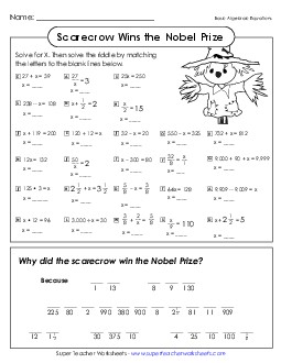 Math Riddle: Scarecrow Wins Nobel Prize Algebra Worksheet