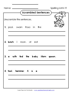 Scrambled Sentences (B-19) Spelling B Worksheet