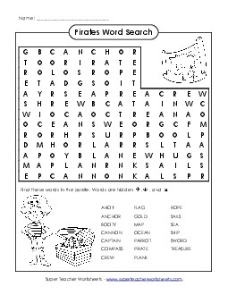 Pirates Wordsearch Worksheet