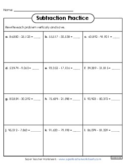 Subtraction Boxes Worksheet