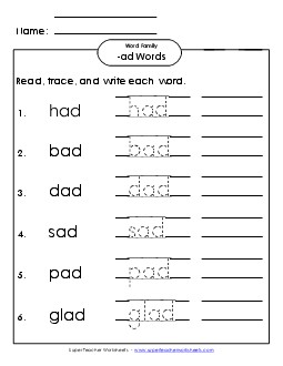 Read, Write, Trace (-ad) Word Families Worksheet