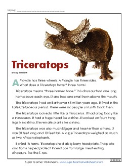 Triceratops Article 1st Grade Science Worksheet