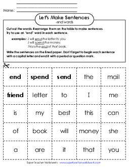 Make Sentences: Word Cards (-end) Word Families Worksheet