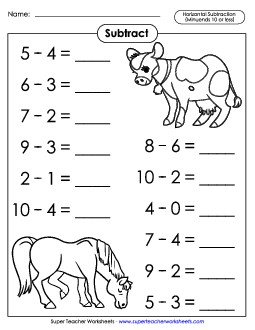 Basic Subtraction Facts: Animals (Horizontal) Worksheet