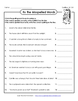 Fix the Misspelled Words (D-7) Spelling D Worksheet