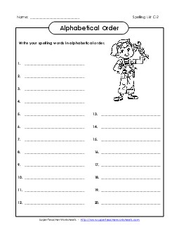 Alphabetical Order: Write List (C-2) Free Spelling C Worksheet