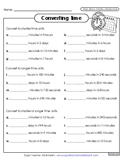 Converting Time (Days, Hours, and Minutes) Worksheet