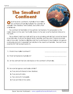 The Smallest Continent (Short Passage) Reading Comprehension Reading Comp Short Worksheet