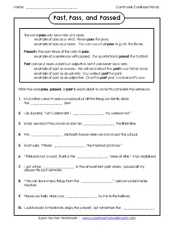 Pass, Passed, and Past Commonly Confused Words Worksheet