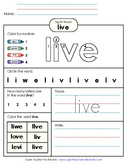 Worksheet 4: Live Sight Words Individual Worksheet