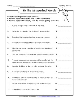 Fix the Misspelled Words (E-25) Spelling E Worksheet