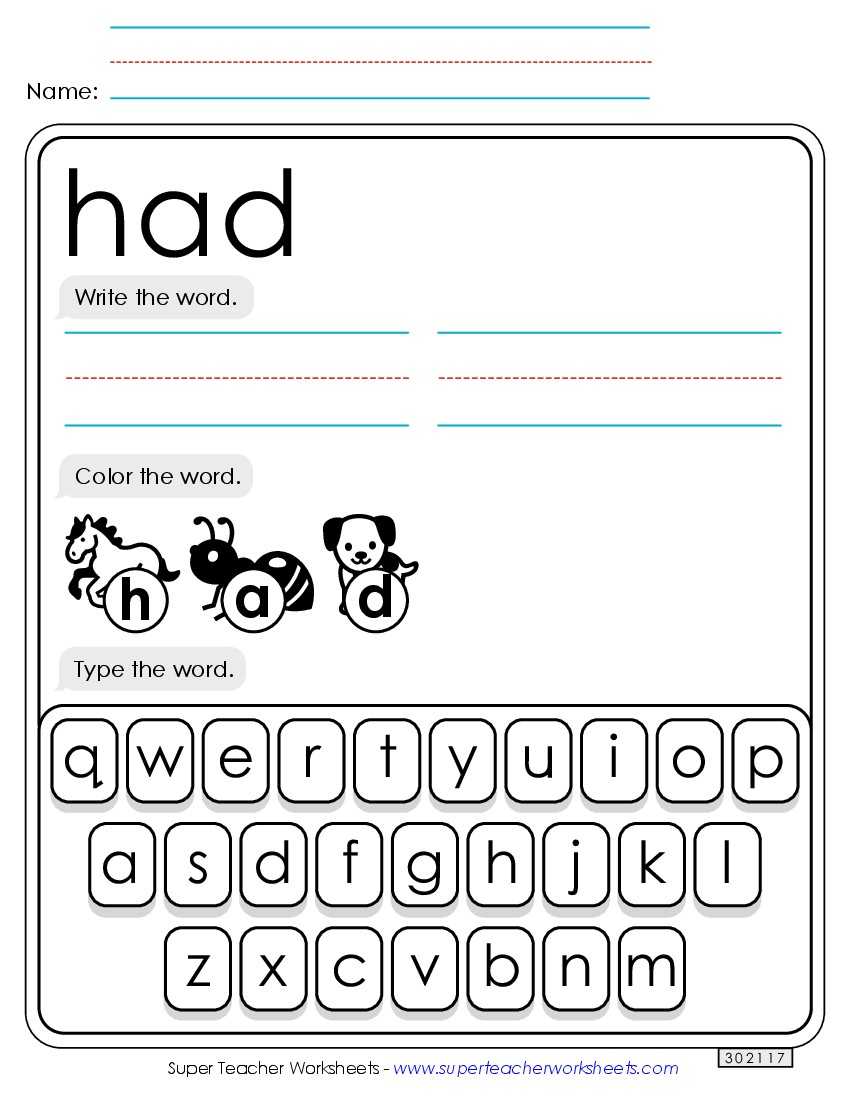 Write, Color, Type: Had Sight Words Individual Worksheet