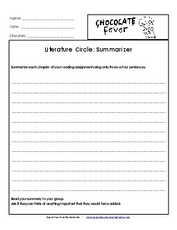 Literature Circles: Summarizer Book Chocolate Fever Worksheet