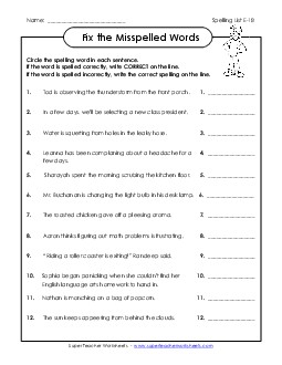 Fix the Misspelled Words (E-18) Spelling E Worksheet