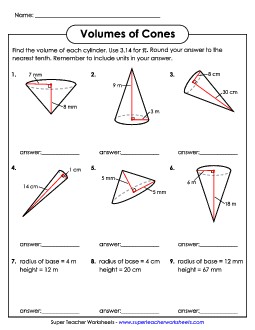 Calculate the Volumes of Cones (Basic) Worksheet