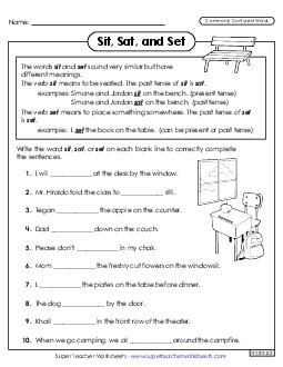 Sit, Sat, and Set Commonly Confused Words Worksheet