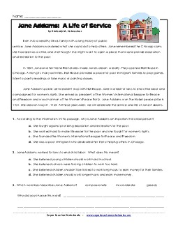 Jane Addams  Free 5th Grade Reading Comprehension Worksheet