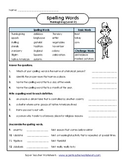 Questions Worksheet (D-Thanksgiving)  Spelling D Worksheet