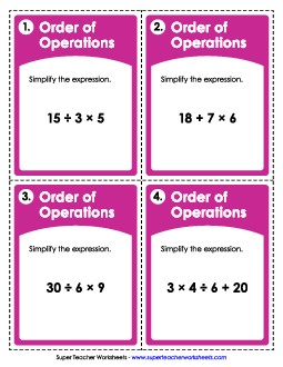 Task Cards: Order of Operations (Basic: No Parentheses) Worksheet