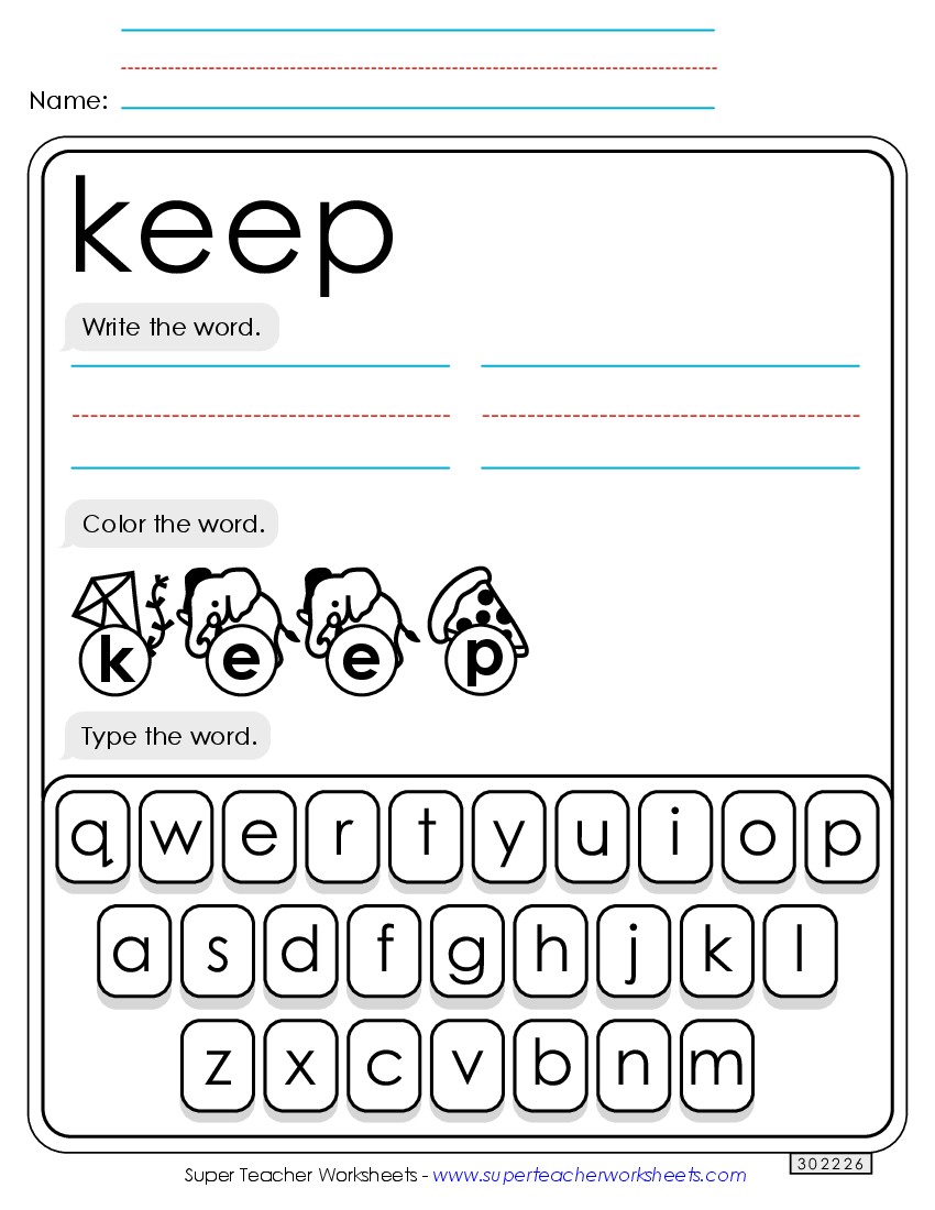 Write, Color, Type: Keep Sight Words Individual Worksheet