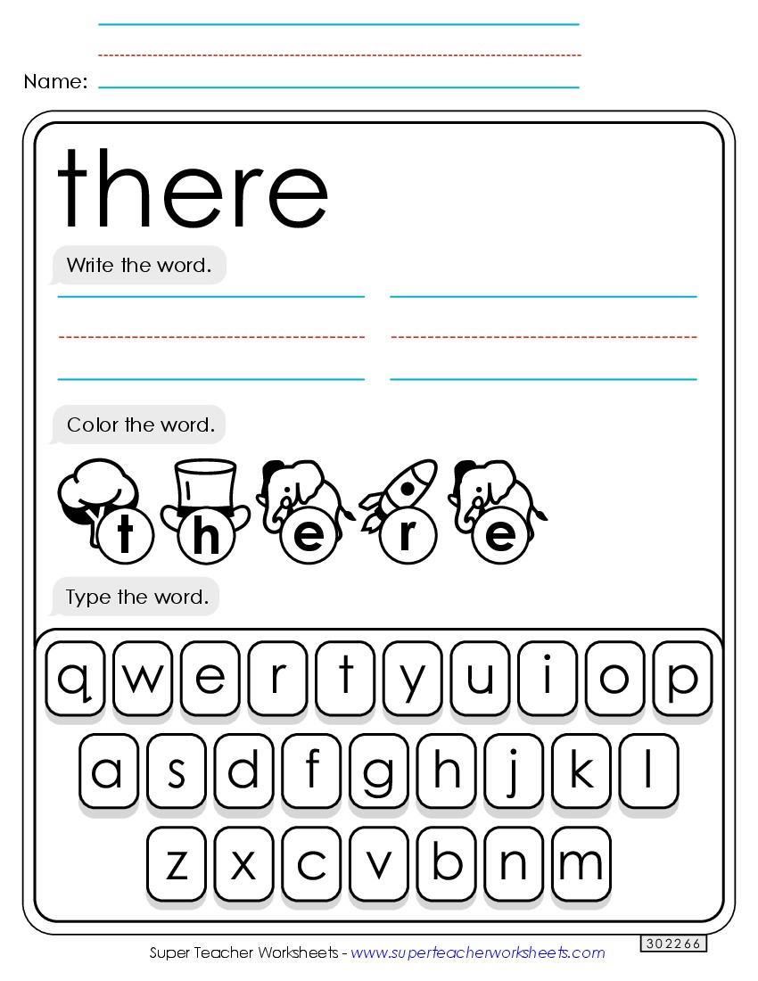 Write, Color, Type: There Sight Words Individual Worksheet