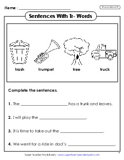 Sentences with TR Words Phonics Blends Worksheet