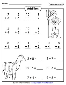 Basic Addition Facts (Sums to 20): Farm Theme Worksheet