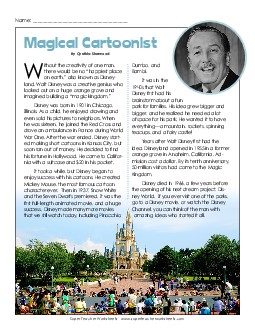 Walt Disney: Magical Cartoonist Reading Comprehension Worksheet