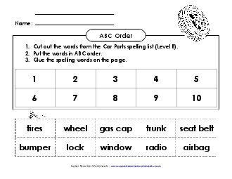 ABC Order: Cut and Glue (B-Car Parts)  Spelling B Worksheet