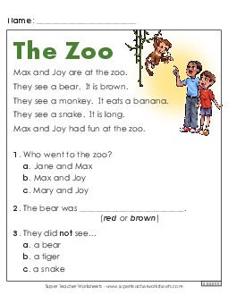 The Zoo Kindergarten Reading Comprehension Reading Comp Kindergarten Worksheet